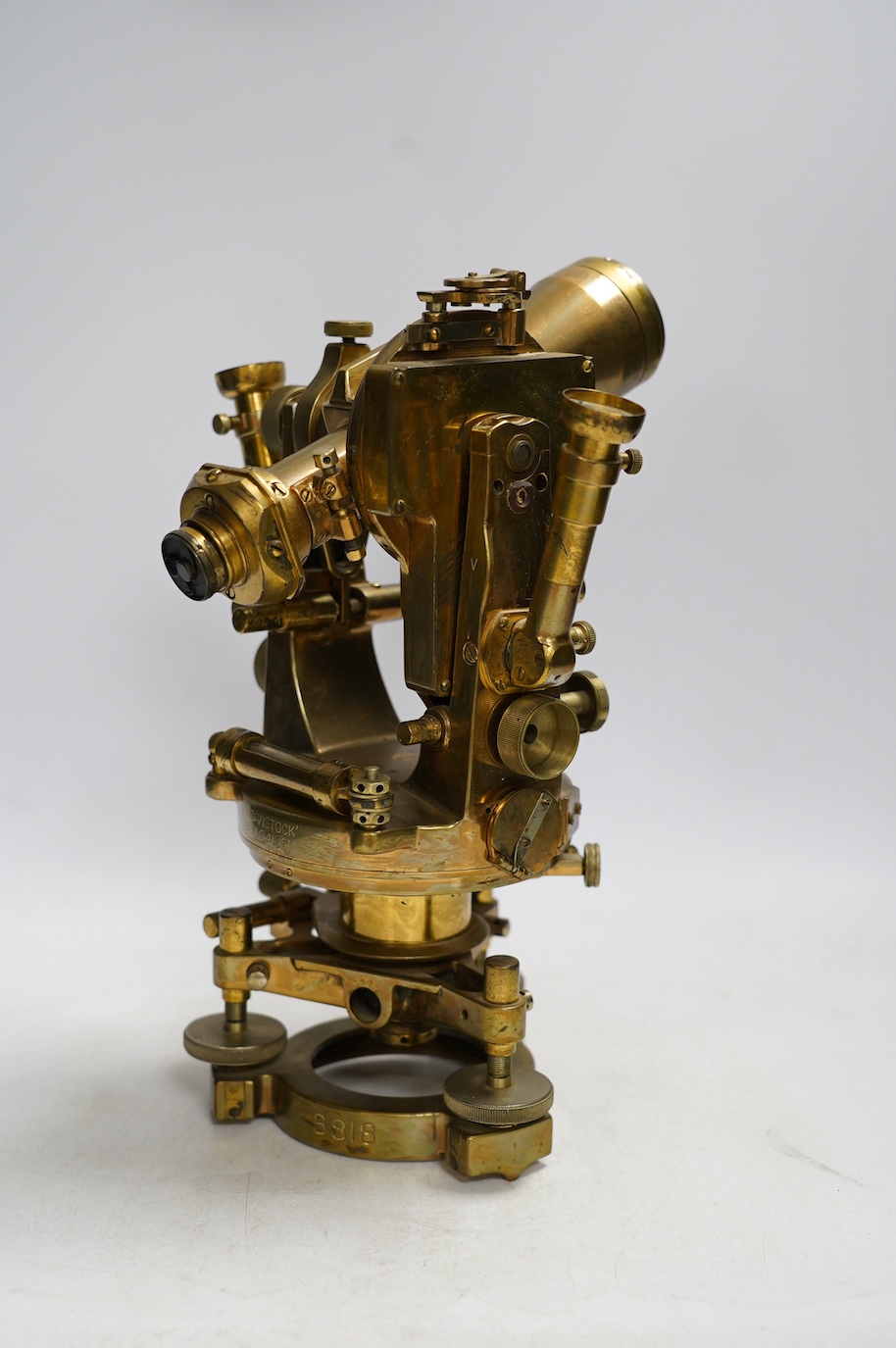 An early 20th century brass surveyor’s transit theodolite, engraved Cook, Troughton and Sims Ltd, York, England, 29cm. Condition - fair to good